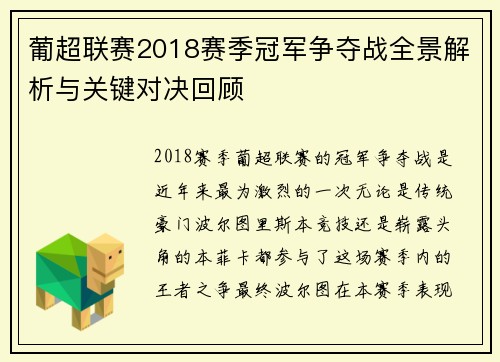 葡超联赛2018赛季冠军争夺战全景解析与关键对决回顾