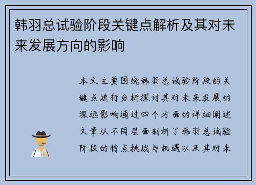 韩羽总试验阶段关键点解析及其对未来发展方向的影响