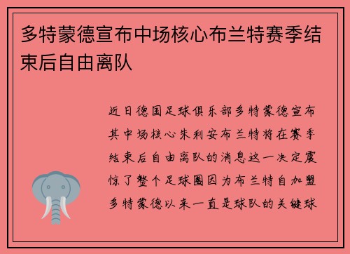 多特蒙德宣布中场核心布兰特赛季结束后自由离队