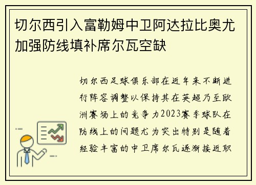 切尔西引入富勒姆中卫阿达拉比奥尤加强防线填补席尔瓦空缺